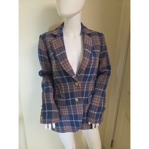 Boast Harris Tweed Wool Blazer Blue Plaid Gold Leaf Button Jacket Womens Small